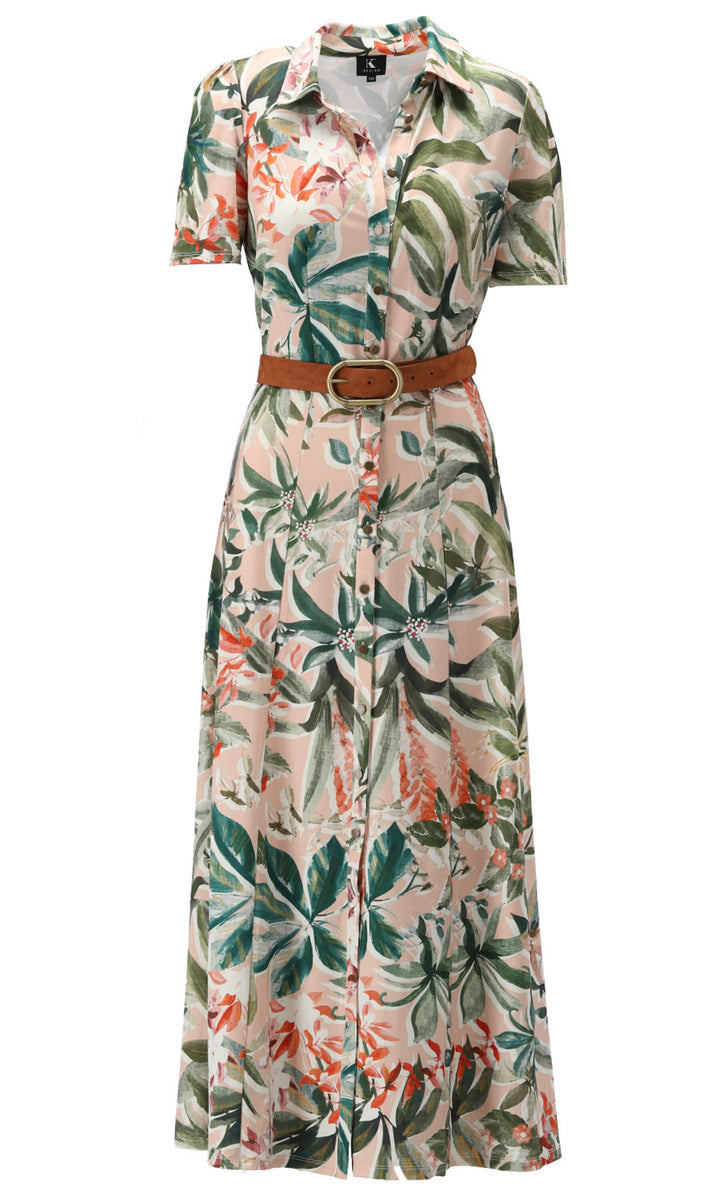 K-Design U879 Green Peach Floral Shirt Style Dress & Belt | Fab Frocks