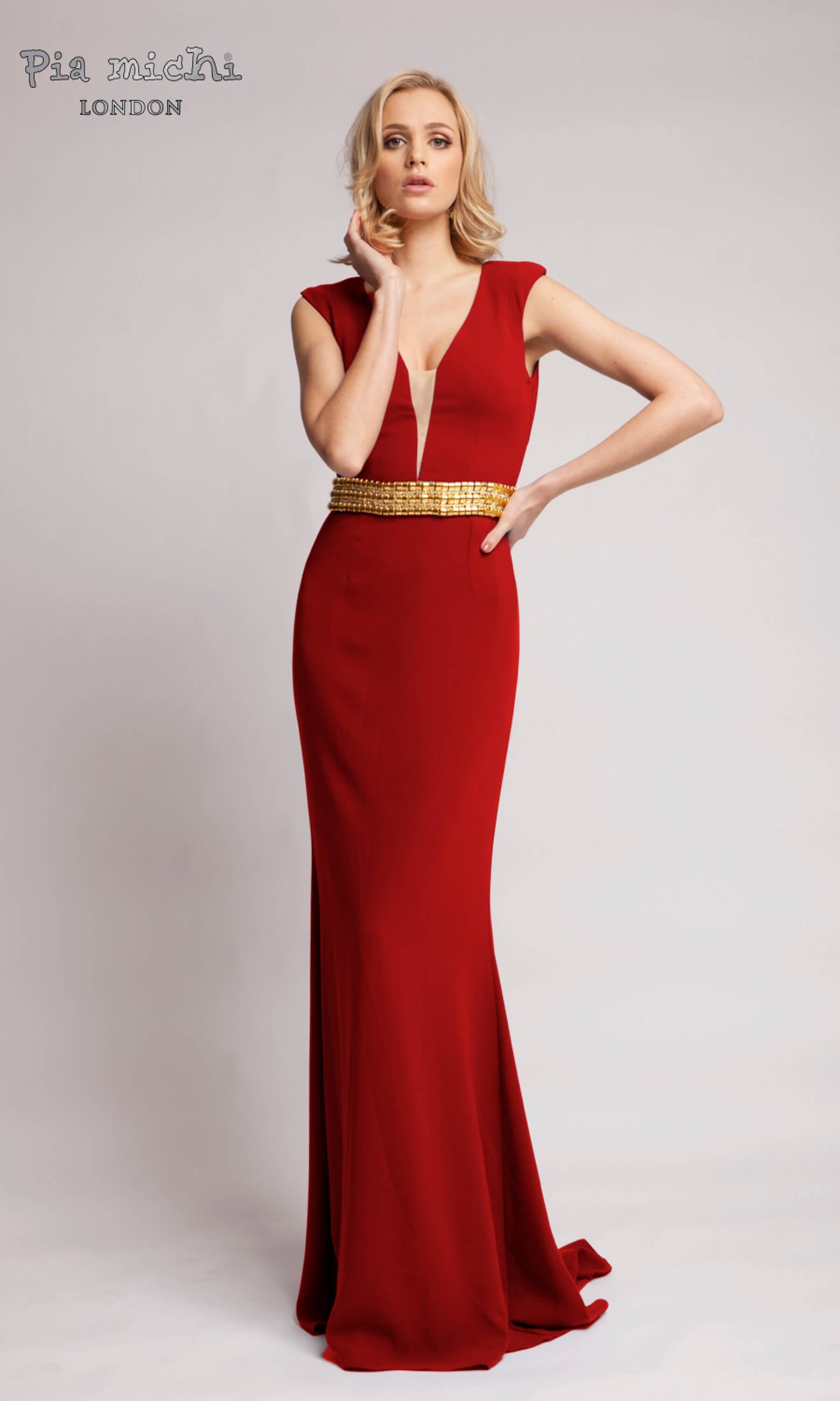 2749B Red Pia Michi Plunge Neck Evening Dress & Gold Belt | Fab Frocks