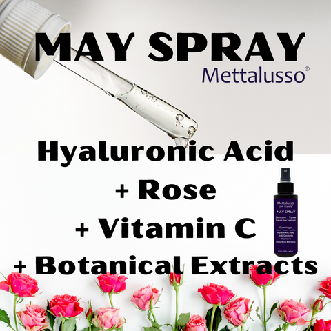 Mettalusso MAY SPRAY es un tratamiento para el cuidado de la piel con ácido hialurónico, rosa y vitamina C.