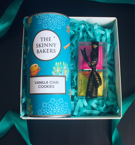 Image shows one of The Skinny Bakers' premium Diwali giftboxes, which also contain the teas from The Tea Republic.