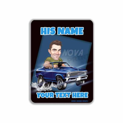 Chevy Nova Muscle Car Caricature Personalized Cartoon from Photo Mechanic Metal Sign
