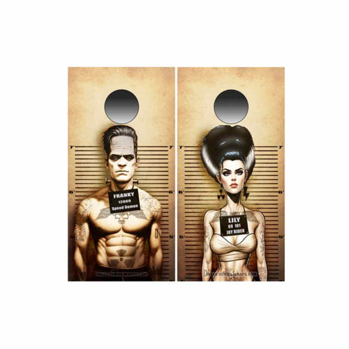 Mug Shot Of Frankenstein And His Bride Lily Cornhole Wraps Kustom Low Brow Art