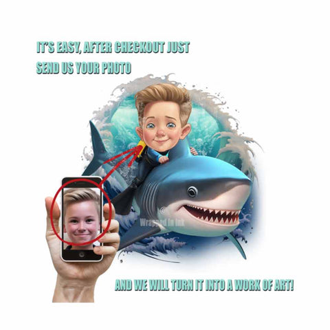 Personalized Child Riding a Shark Cartoon Portrait from Photo