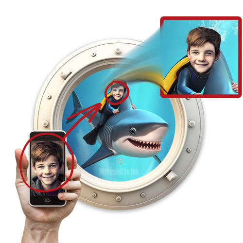 Personalized Kid Swimming on Shark Porthole Portrait from Photo Circular Metal Sign 10" x 10”