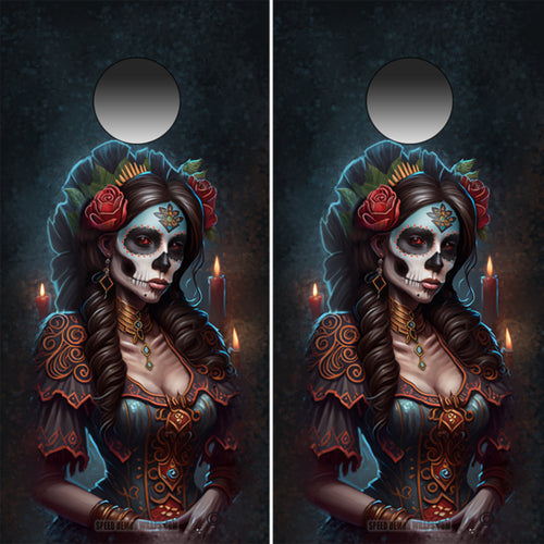 Day Of the Dead Cornhole Wrap Sugar Skull and Lady Of the Dead