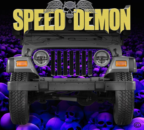 1997-2006 Jeep Grill Wraps Skull Crusher Skulls Blue - Purple Hue
