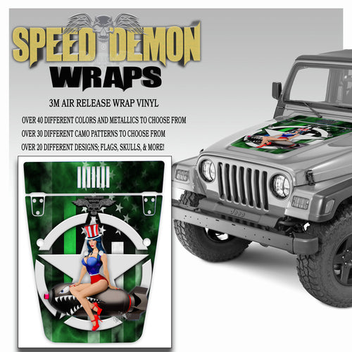 Pin-up American Flag Green Line Jeep Hood Wrap TJ 1996-2006