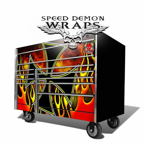 SNAP ON TOOLBOX  GRAPHICS WRAP  IRON CROSS - OLD SCHOOL FLAME JOB  RED - YELLOW-FRONT DRAWERS-