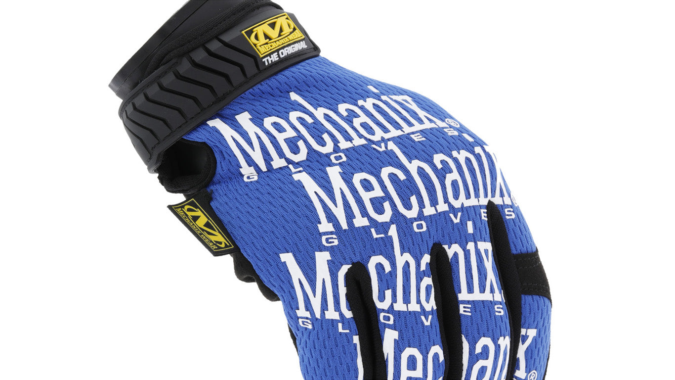 Profile of Mechanix Wear The Original Blue Work Gloves highlighting the secure fit and touchscreen-capable fingertips.