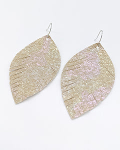 Beige Glitter Fringe Oval Leaf Earrings