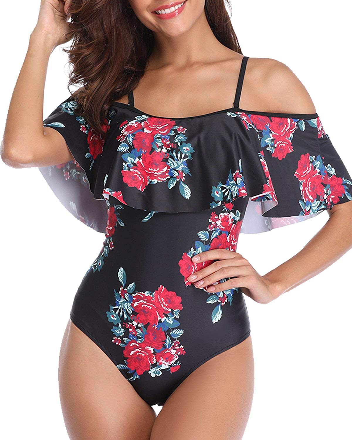 Women  Vintage Printed Off Shoulder Flounce Swimwear