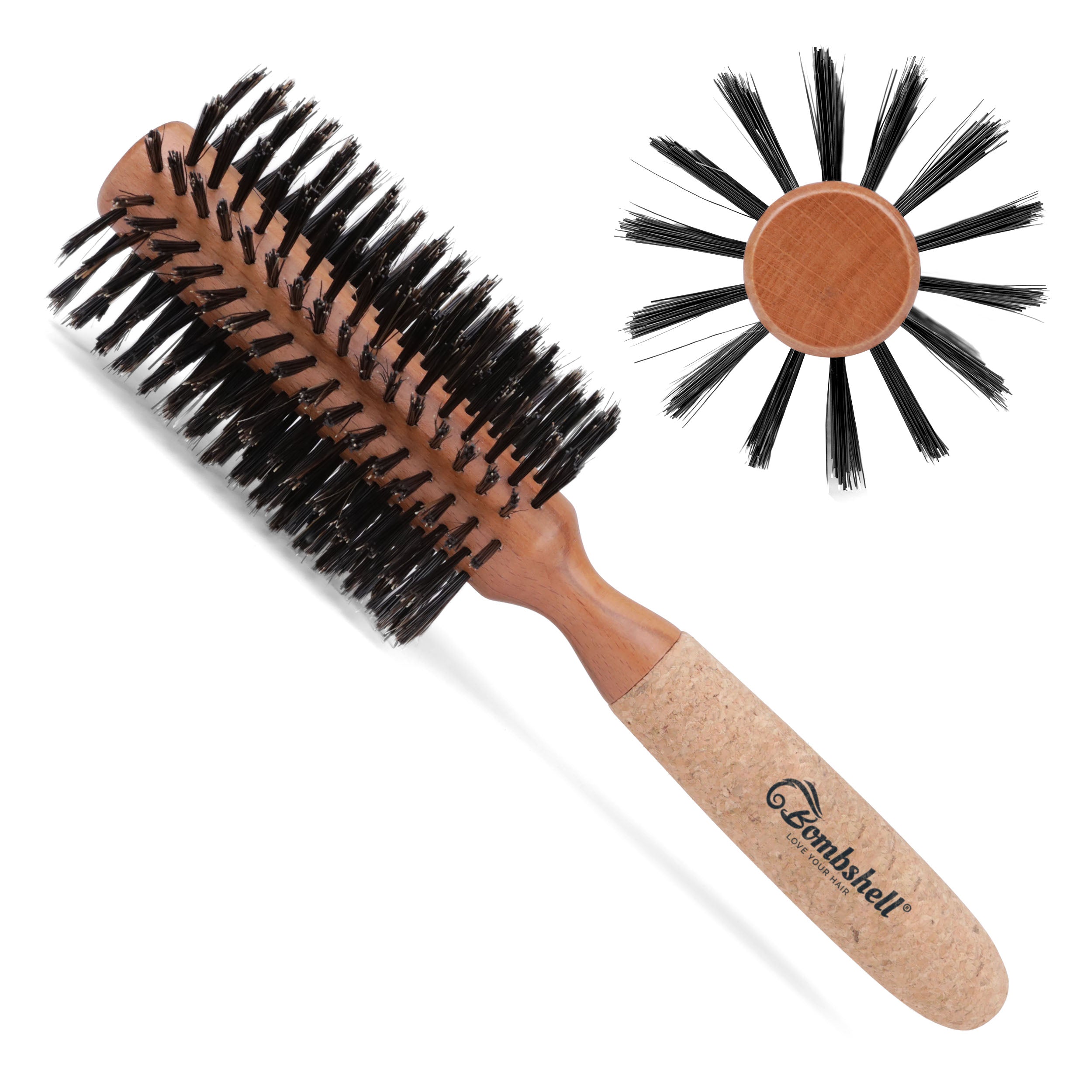 Bombshell Sustainable 2.75" Round Hair Brush — Birchwood and Cork Handle Hairbrush with Boar Bristles, Ergonomic Boar Bristle Hair Brush Round for Blow Drying, Curling, and Styling