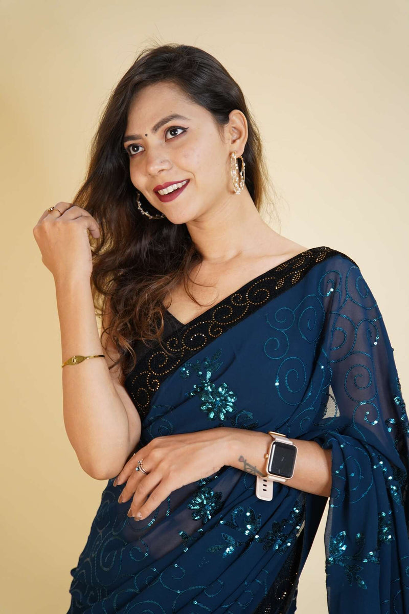 Shimmery Blue Sequin And Stone Work All Over Wrap in 1 minute saree - Isadora Life Online Shopping Store