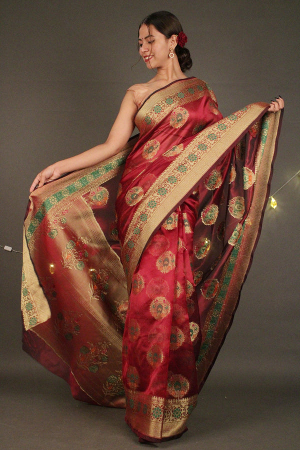 Maroon Traditional Organza Kanjeevaram silk with woven butis Wrap in 1 minute saree