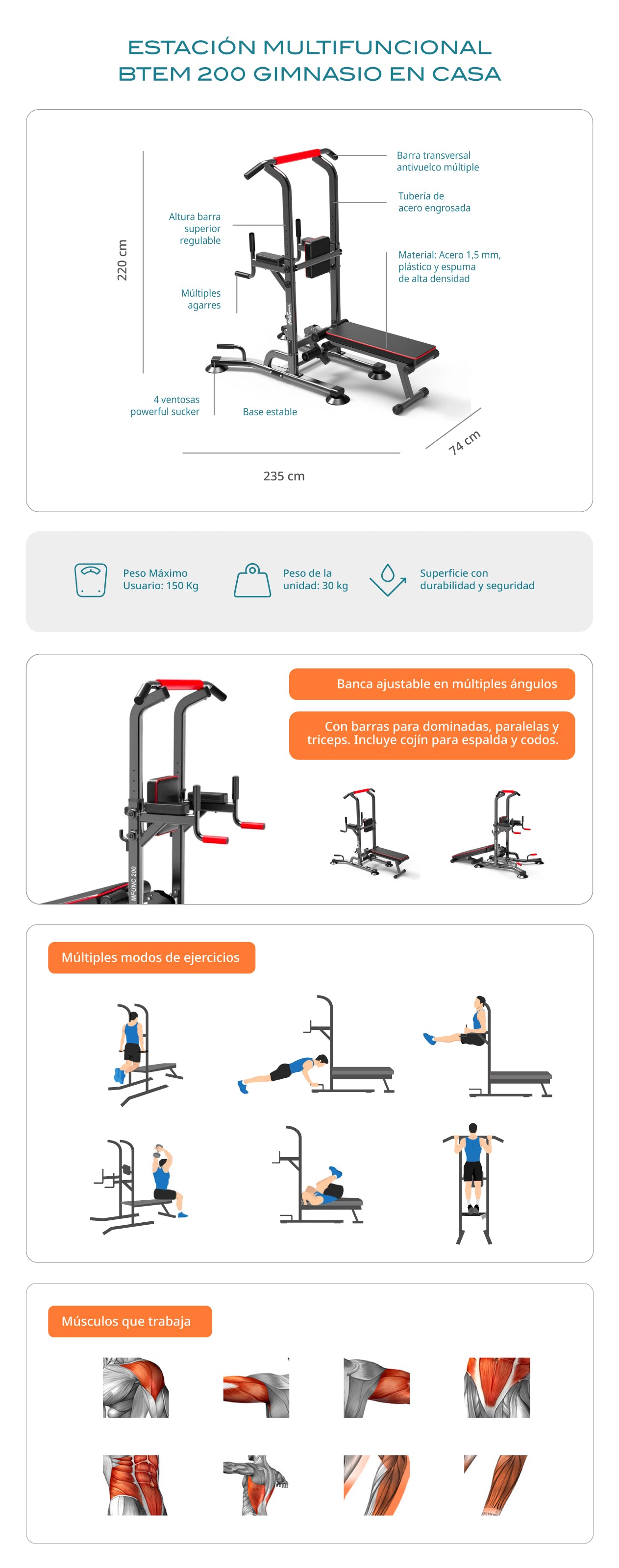 Press Banca 200 Kg Multi Funcional - + Barra Recta 40 Kg +