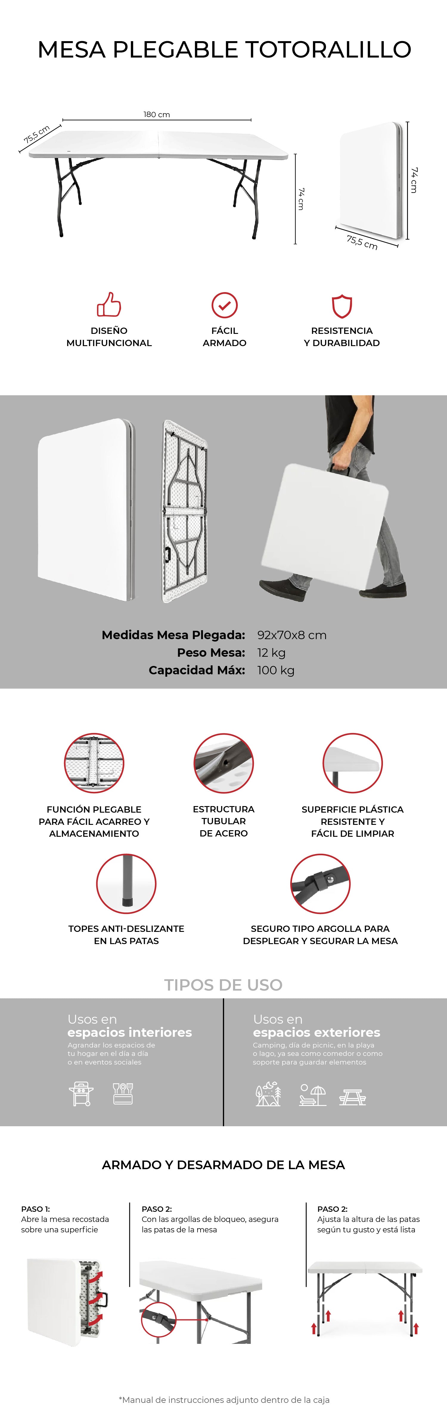 Mesa Plegable Multifuncional, 180x74x74 cm, Blanco