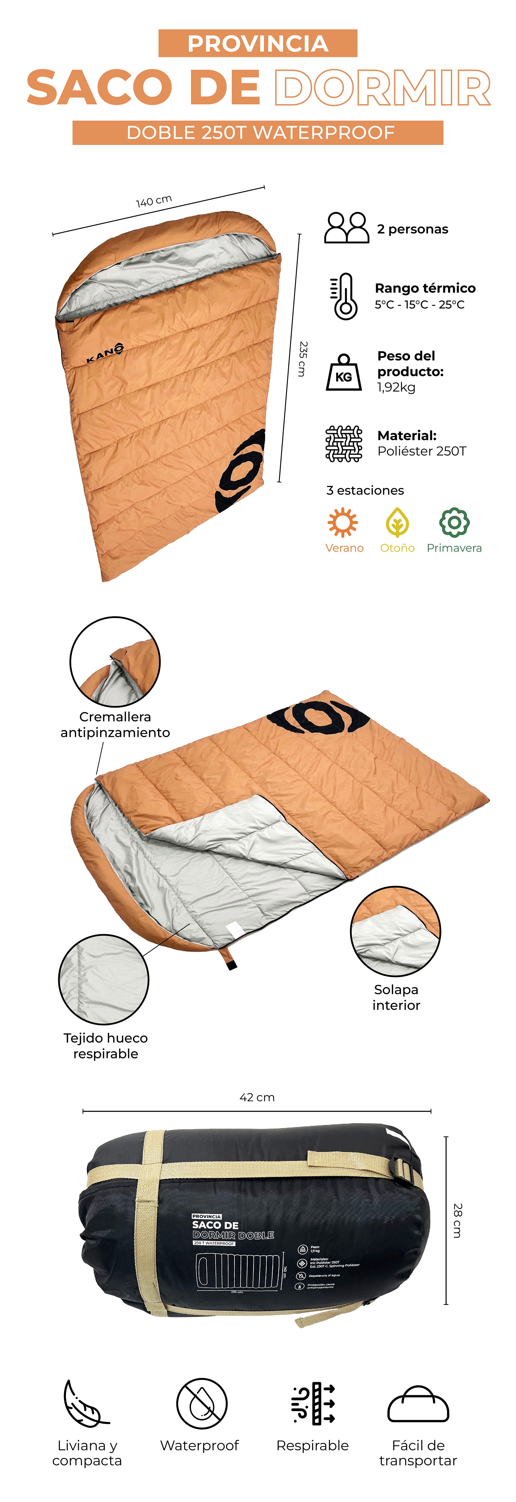 Saco de Dormir Impermeable Para 2 Personas con 2 Almohadas Saco de Dormir  Doble