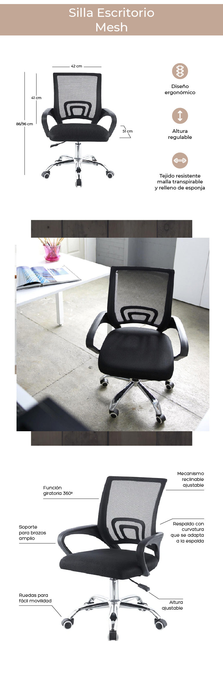 Sillas de escritorio de oficina en casa, silla ergonómica de oficina, silla  de profesor, silla de malla con respaldo medio, silla giratoria para
