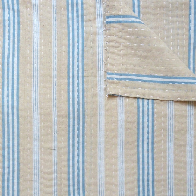 Blue and Tan Ticking Quilt - Sally Campbell, Handmade Textiles