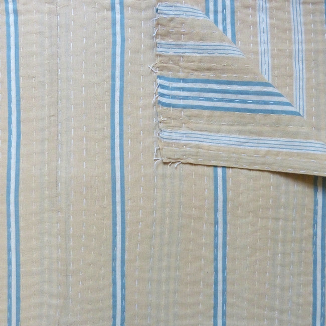 Blue and Tan Ticking Quilt – Sally Campbell, Handmade Textiles
