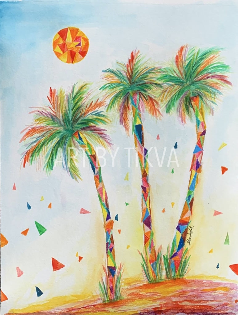 Mosaic Palms" Original Watercolor Palm Tree Painting – Art By Tikva
