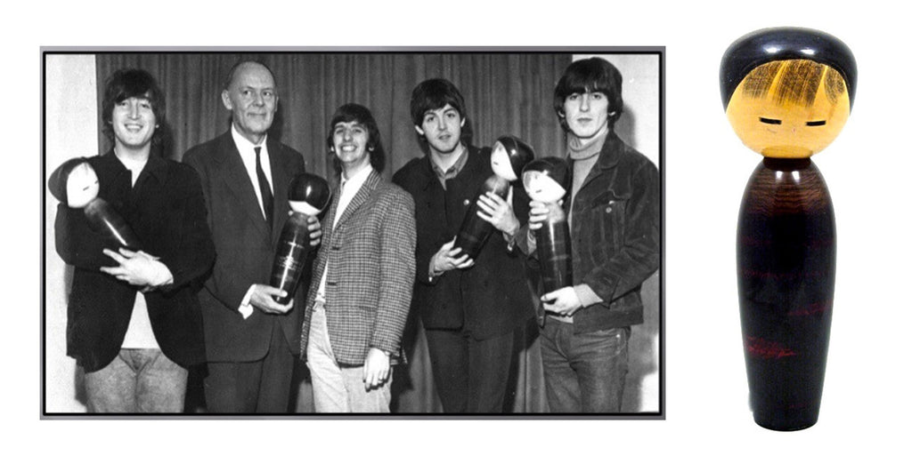 The Beatles in Japan holding Vintage Sosaku Kokeshi Dolls