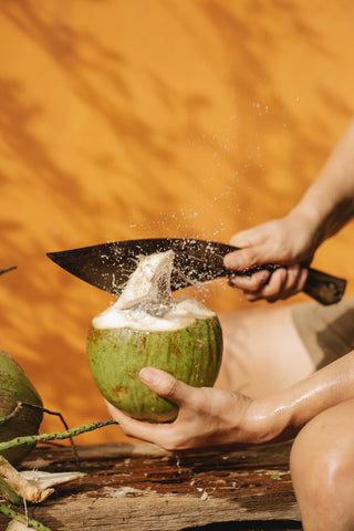 A hand with a knife cutting open a tender coconut 