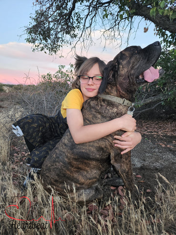 Tween girl with pigtails hugging her brindle mastiff dog outside on a summer day