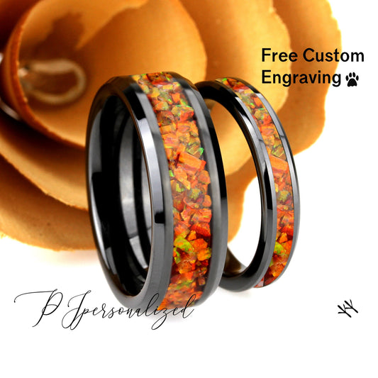 His & Hers Wedding Ring Set- Black Ceramic Ring Set with Red Fire Opal & Glowstone Inlay - 8mm & 6mm Rings - Sizes 5-13 - Orth Custom Rings