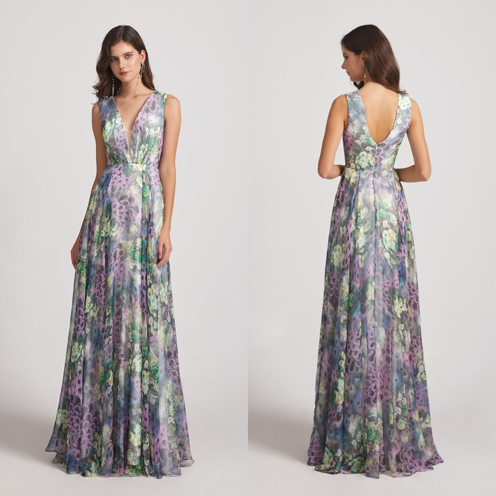 Peacock Floral-Printed Bridesmaid Dresses with Double V-Neck (AF0117)