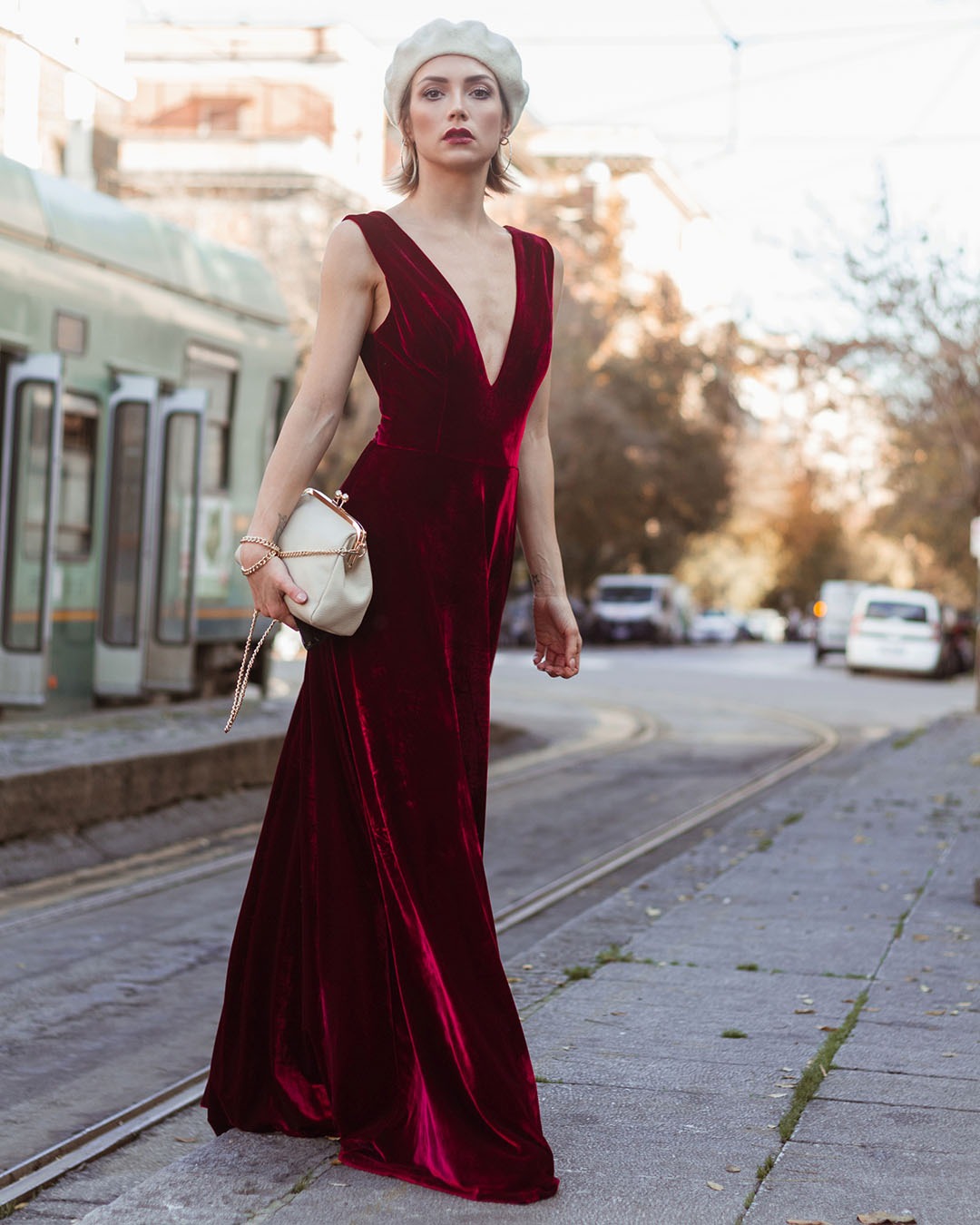 Long Sleeve Velvet Bridesmaid Dress with V-Neckline and Thigh Slit