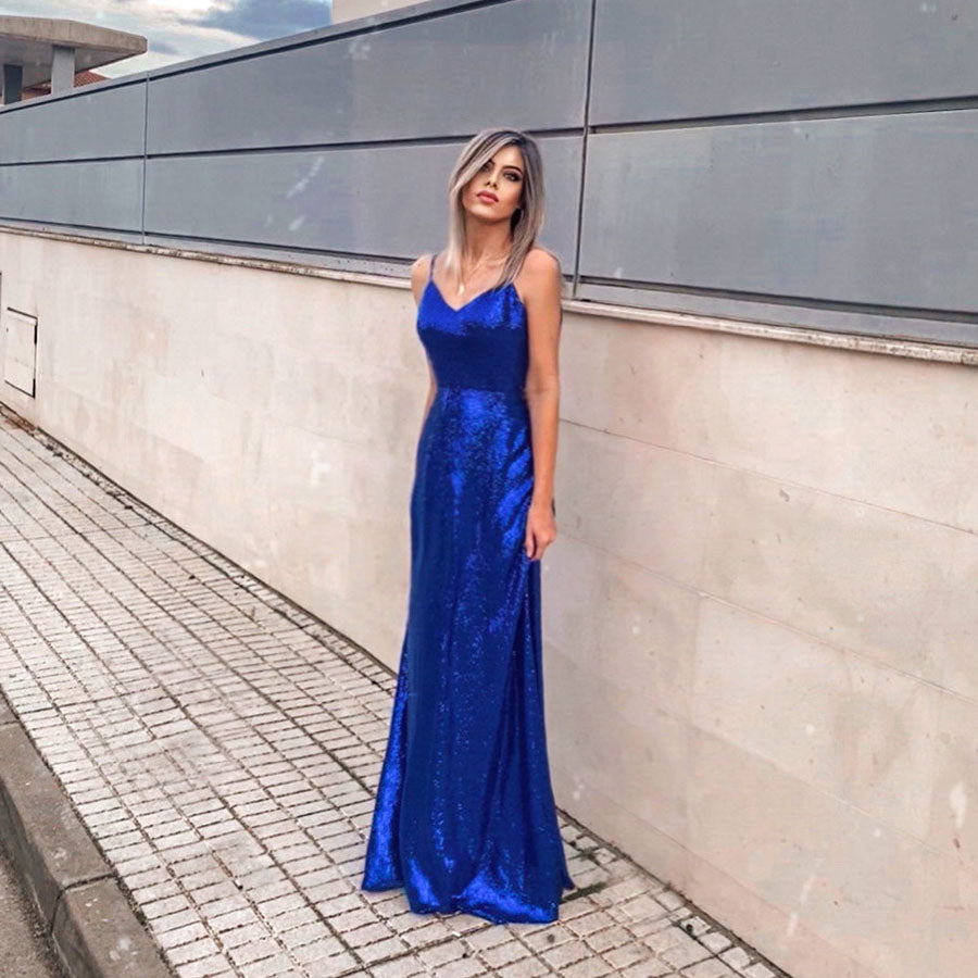 Spaghetti Straps V-Neck Backless Sequin Bridesmaid Dresses (AF0150) in Royal Blue