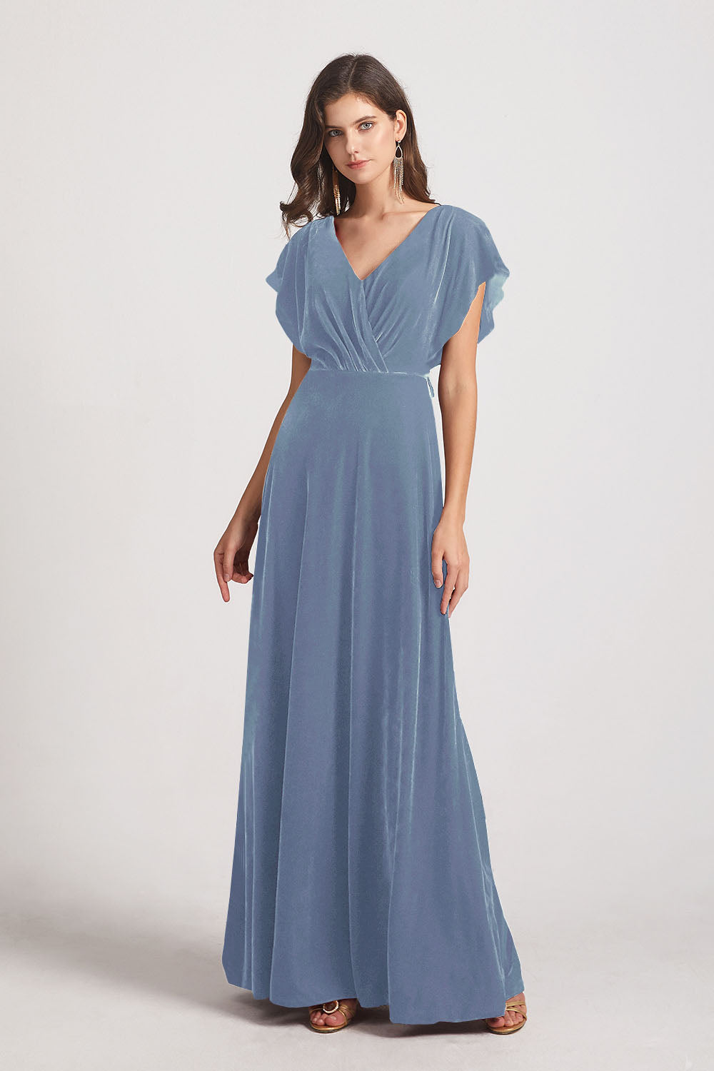 Velvet Flutter Sleeve Bridesmaid Dresses With Open Back (AF0120 ...