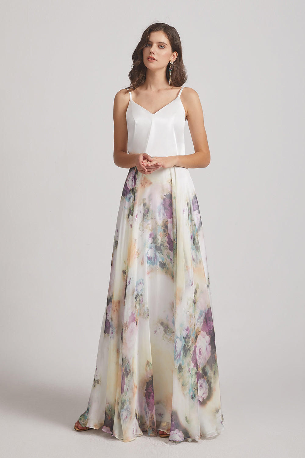 Spaghetti Straps Satin Top Floral Chiffon Maxi Dresses (AF0118 ...