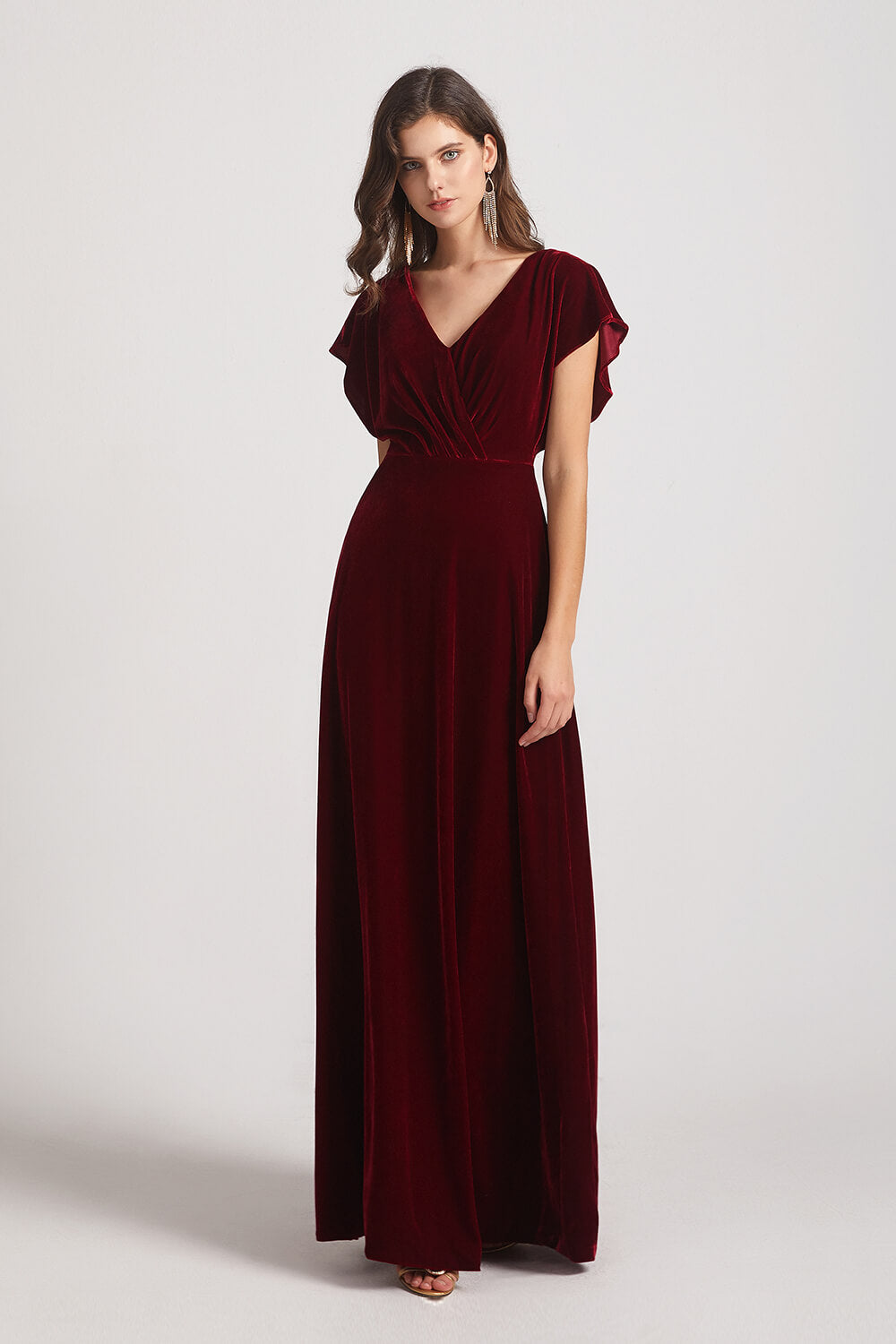 Velvet Flutter Sleeve Bridesmaid Dresses With Open Back