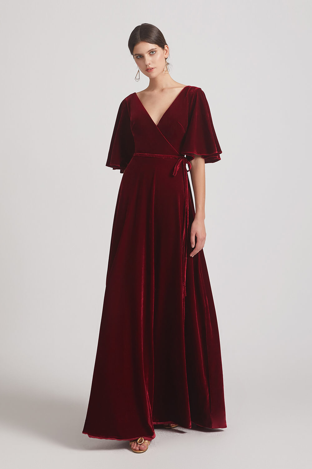 Half Sleeve V-neck Velvet Long Bridesmaid Dresses