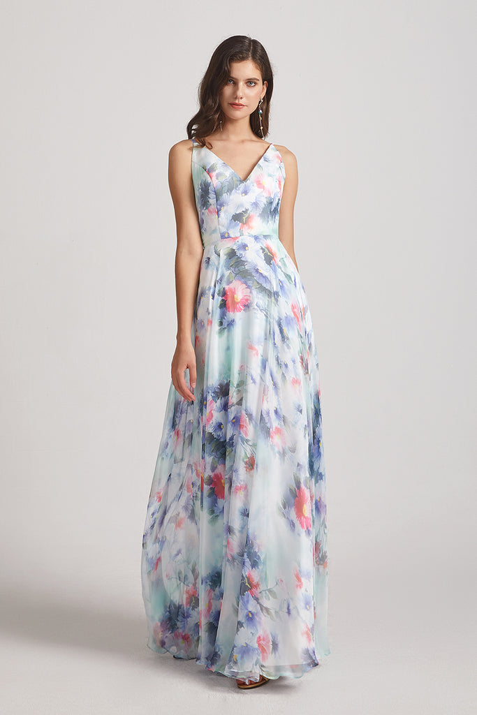 Chiffon Blue Flower Print Bridesmaid Dresses (AF0126) – AlfaBridal.com