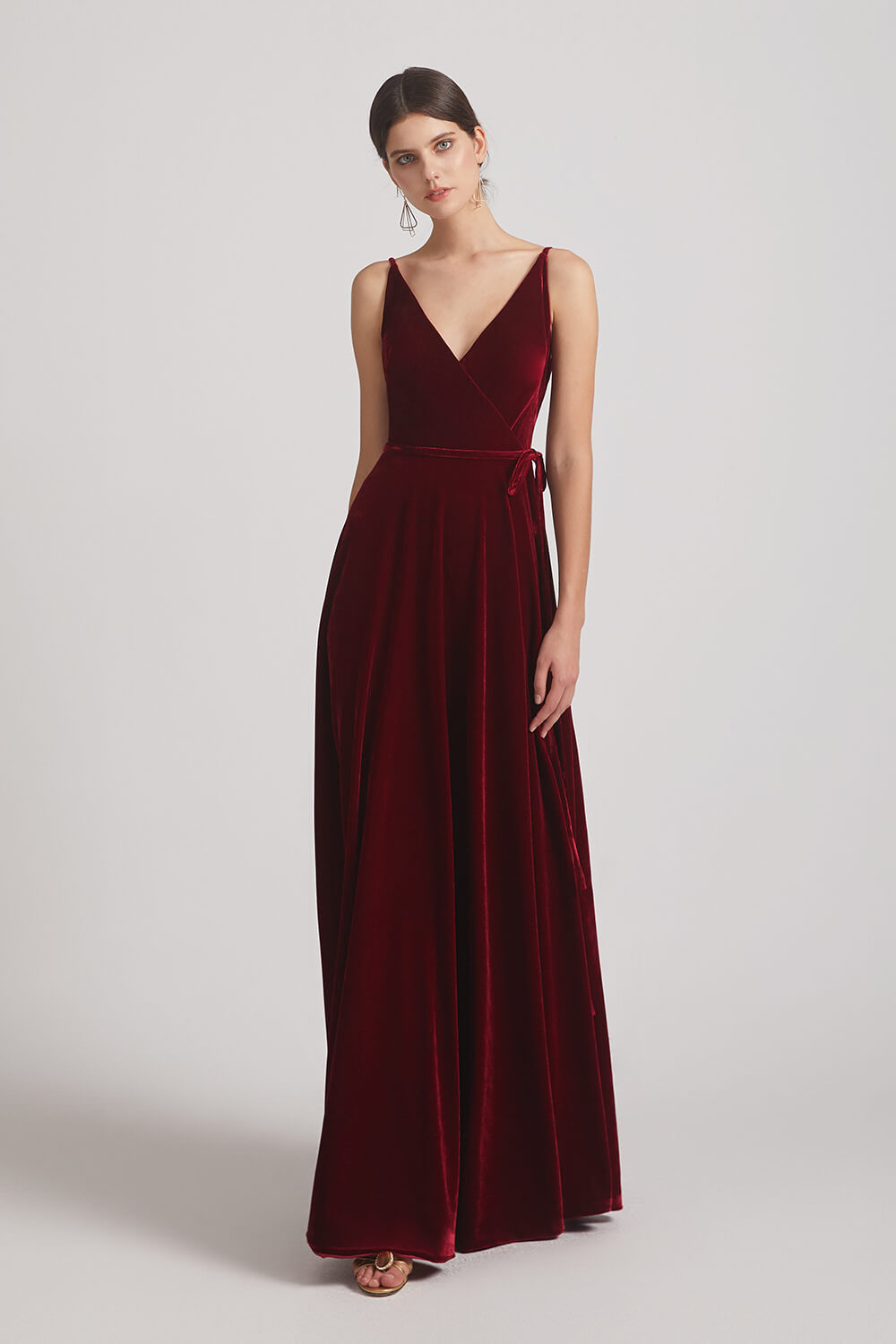 Spaghetti Straps Velvet Faux Wrap Bridesmaid Dresses With Waist Tie