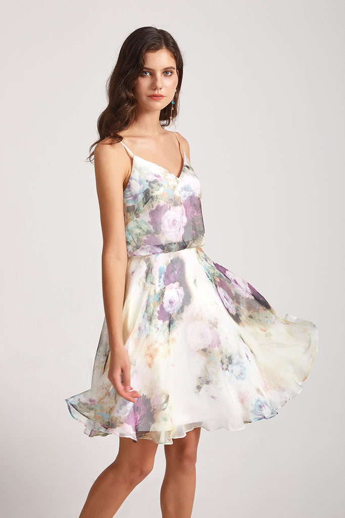 Floral-print Slender Straps Short Bridesmaid Dresses (AF0121 ...