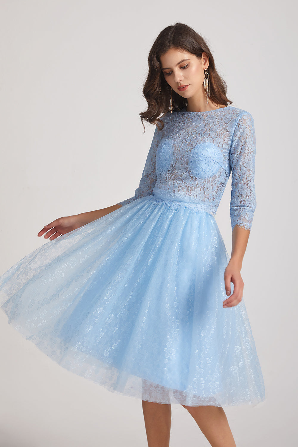 Short Jewel 3/4 Sleeves Two-Piece Sheer Lace Bridesmaid Dresses (AF013 ...
