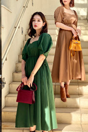 Autumn flare dress【green/brown】