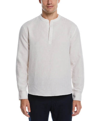 Untucked Linen Blend Banded Collar Popover Shirt (Stone) 
