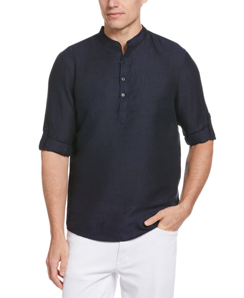 Untucked Roll Sleeve Linen Blend Banded Collar Popover Shirt (Navy) 
