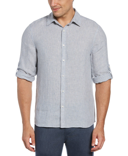 Untucked Roll Sleeve Linen Blend Tri-Color Stripe Shirt | Perry Ellis