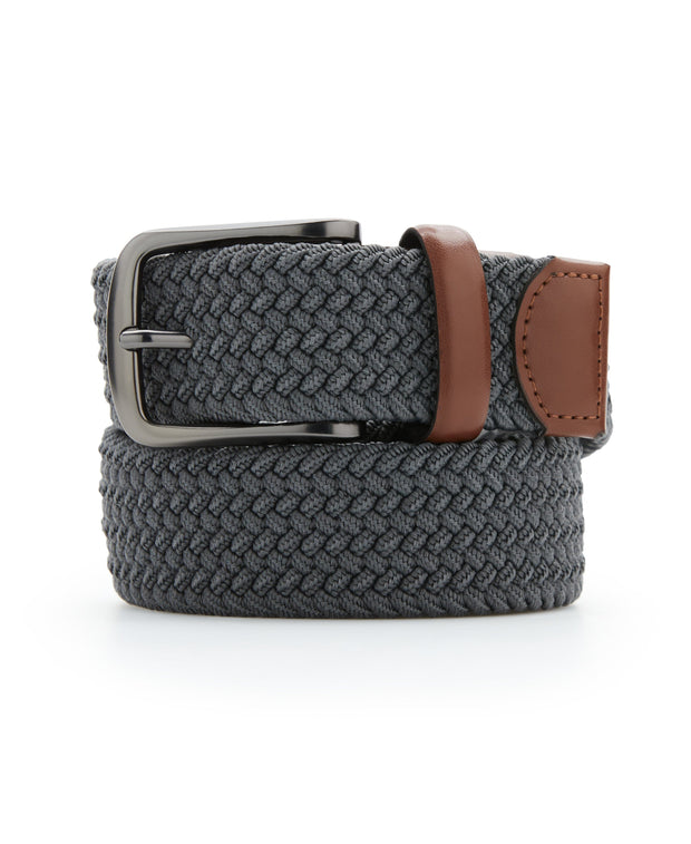 Woven Stretch Leather-Trim Belt (Gry) 