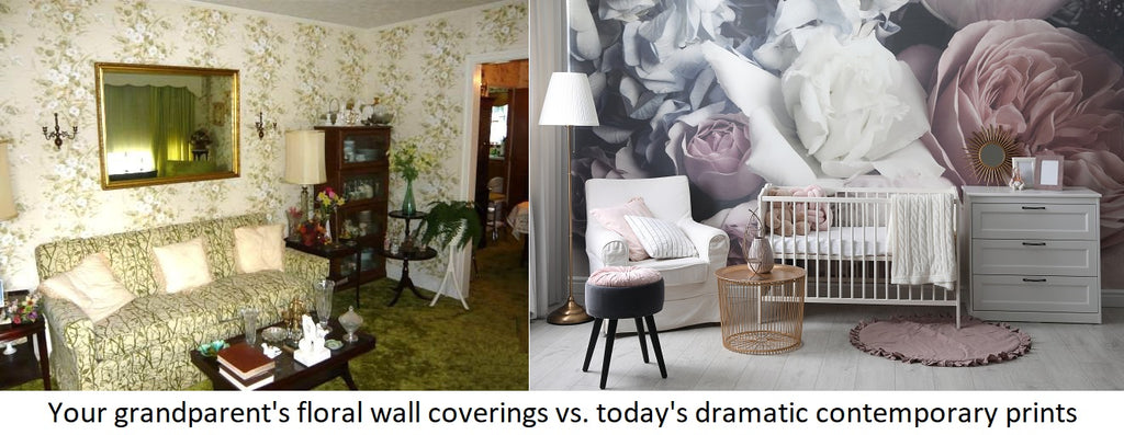 Old 70's living room vs new nursery styles of floral wallpaper covering
