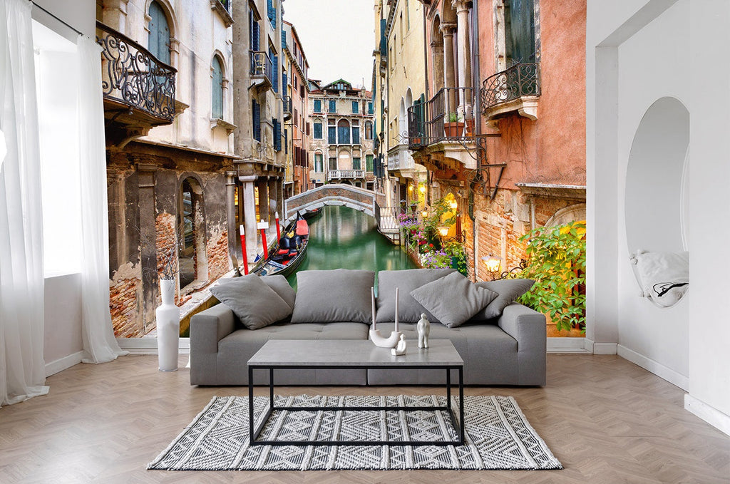 Venice canal in living room behind couch