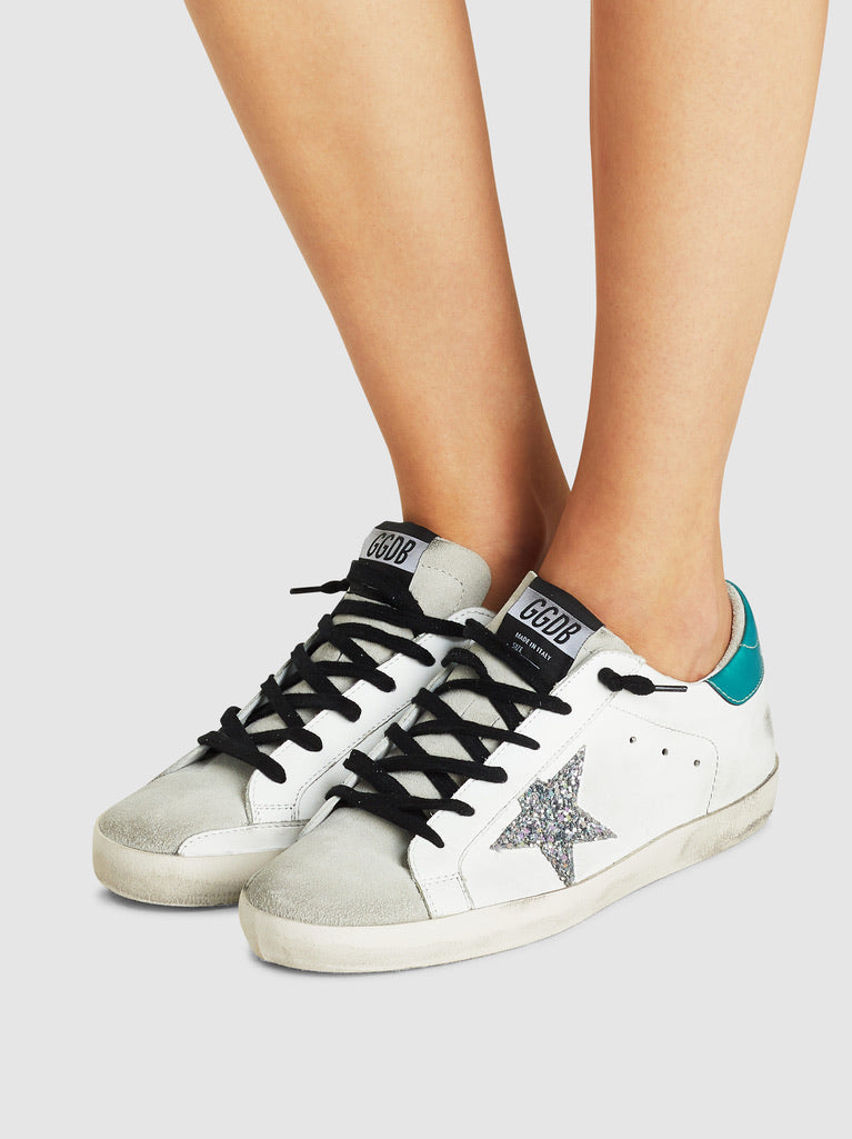 green glitter golden goose sneakers