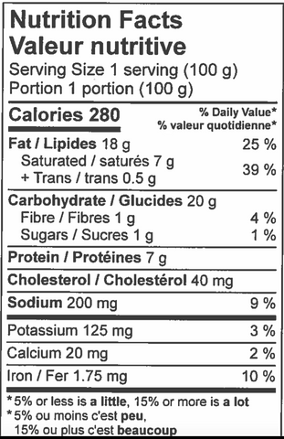 nutritional information sheet for beef and veg pie.
