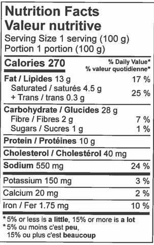 nutritional information sheet for Chicken Balti pie.